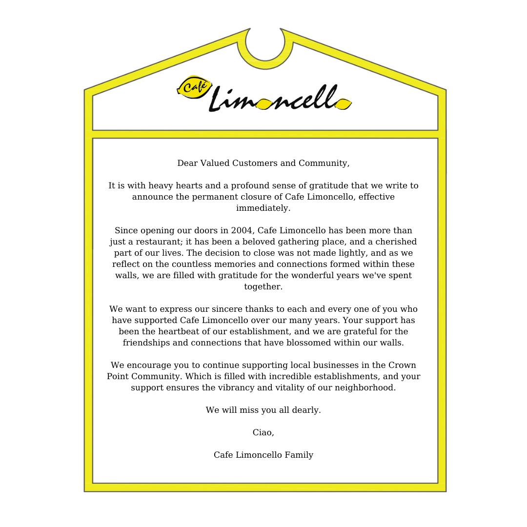 Cafe Limoncello Closing Message